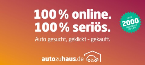 Werbeanzeige für autozuhaus.de mit dem Slogan „100 % online. 100 % seriös. Auto gesucht, geklickt – gekauft.“ und Hinweis auf über 2000 sofort verfügbare Fahrzeuge; powered by Hotz Automobile Gardelegen.